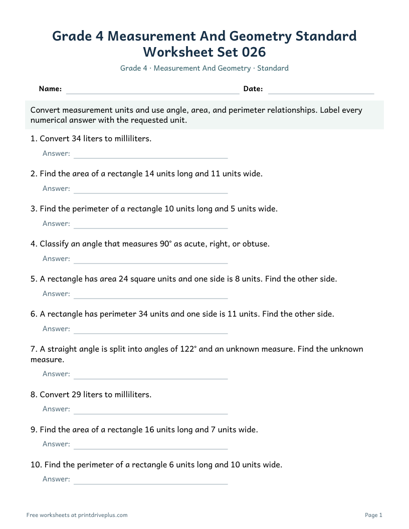 Preview of Grade 4 Measurement And Geometry Standard Worksheet Set 026