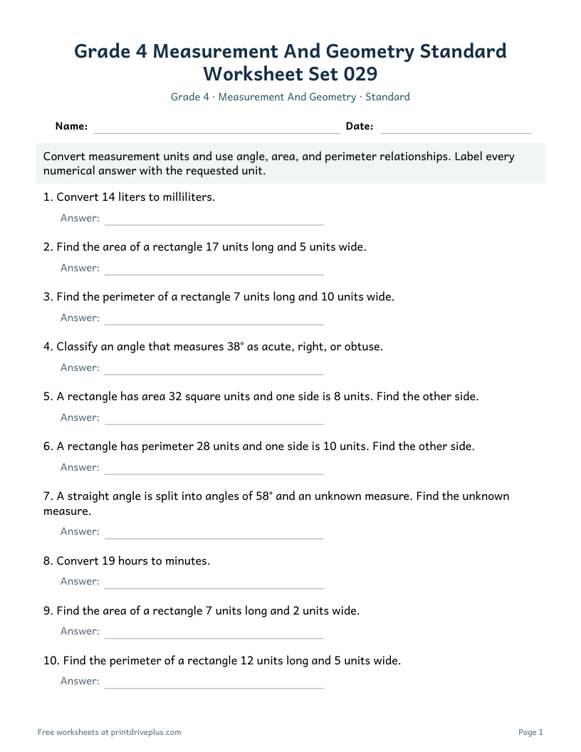 Preview of Grade 4 Measurement And Geometry Standard Worksheet Set 029