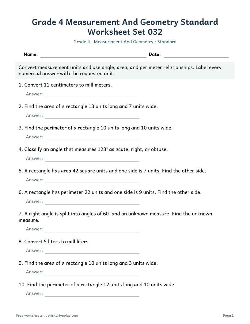 Preview of Grade 4 Measurement And Geometry Standard Worksheet Set 032