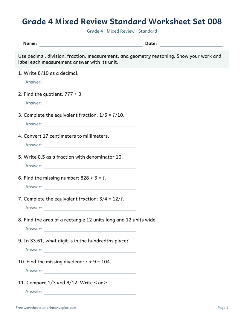 Preview of Grade 4 Mixed Review Standard Worksheet Set 008