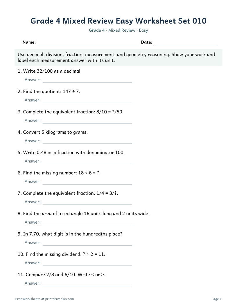 Preview of Grade 4 Mixed Review Easy Worksheet Set 010