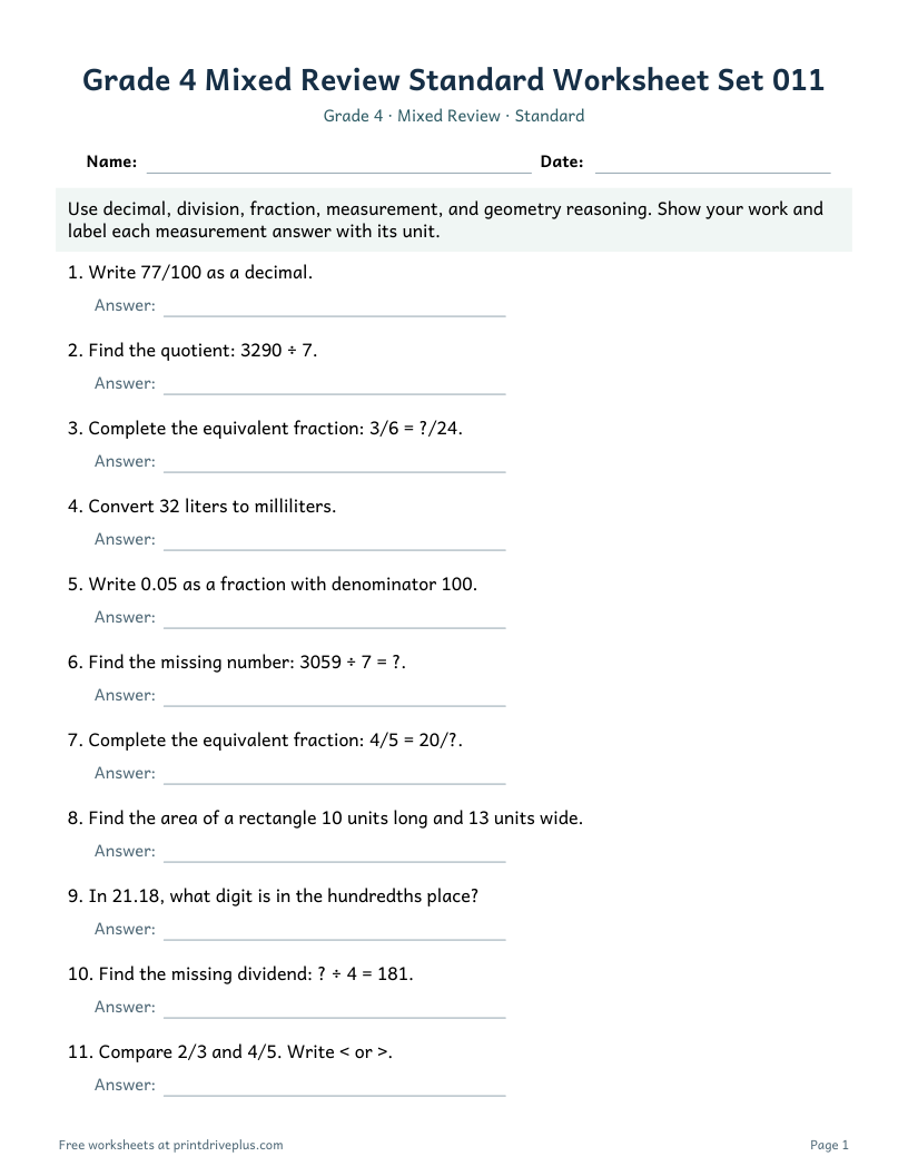 Preview of Grade 4 Mixed Review Standard Worksheet Set 011