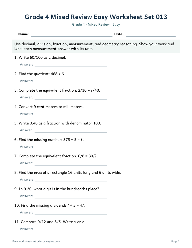 Preview of Grade 4 Mixed Review Easy Worksheet Set 013