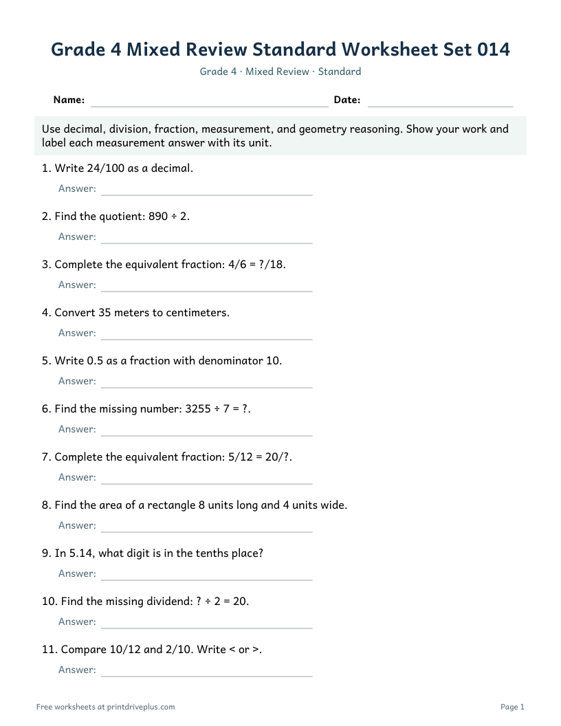 Preview of Grade 4 Mixed Review Standard Worksheet Set 014