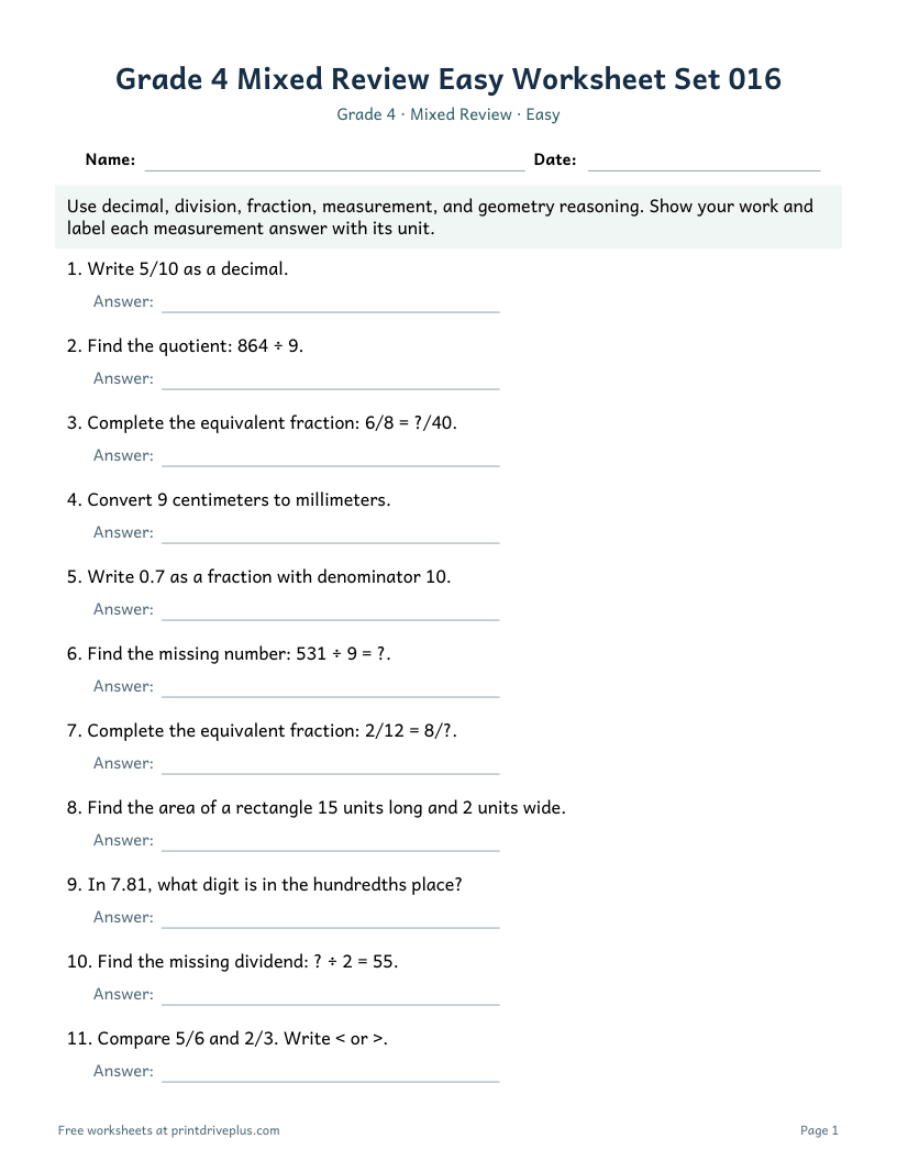 Preview of Grade 4 Mixed Review Easy Worksheet Set 016