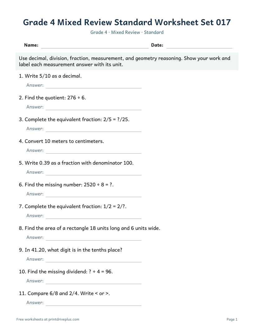 Preview of Grade 4 Mixed Review Standard Worksheet Set 017