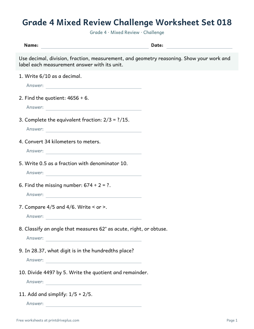 Preview of Grade 4 Mixed Review Challenge Worksheet Set 018