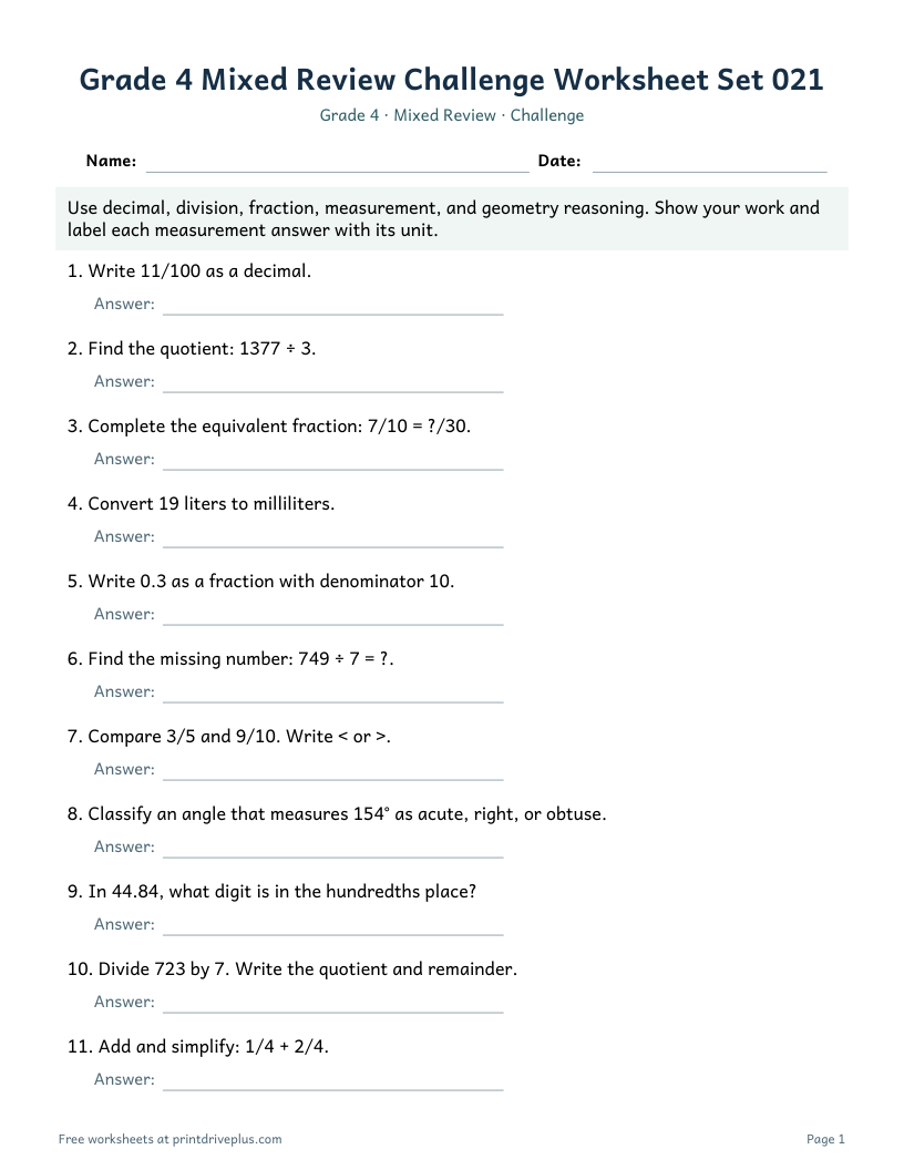 Preview of Grade 4 Mixed Review Challenge Worksheet Set 021