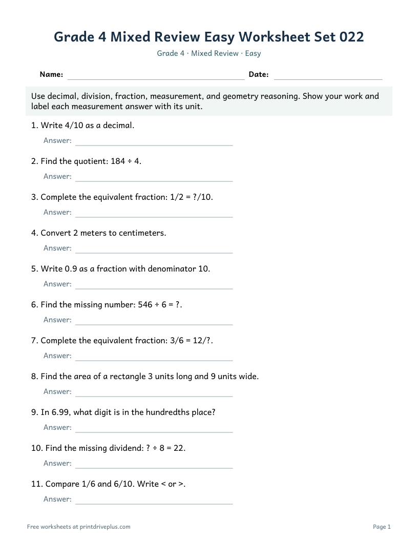 Preview of Grade 4 Mixed Review Easy Worksheet Set 022