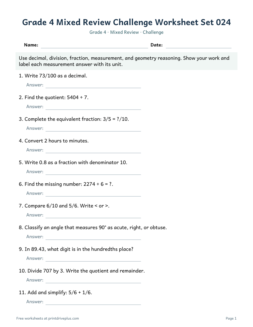 Preview of Grade 4 Mixed Review Challenge Worksheet Set 024
