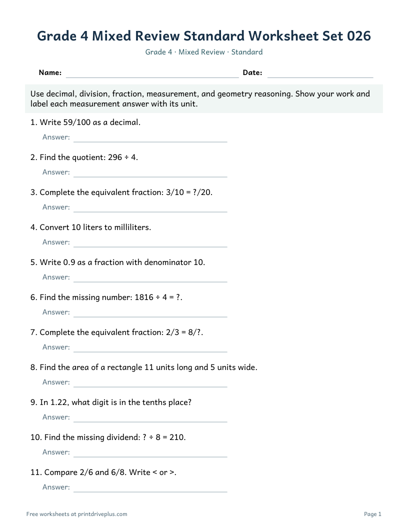 Preview of Grade 4 Mixed Review Standard Worksheet Set 026