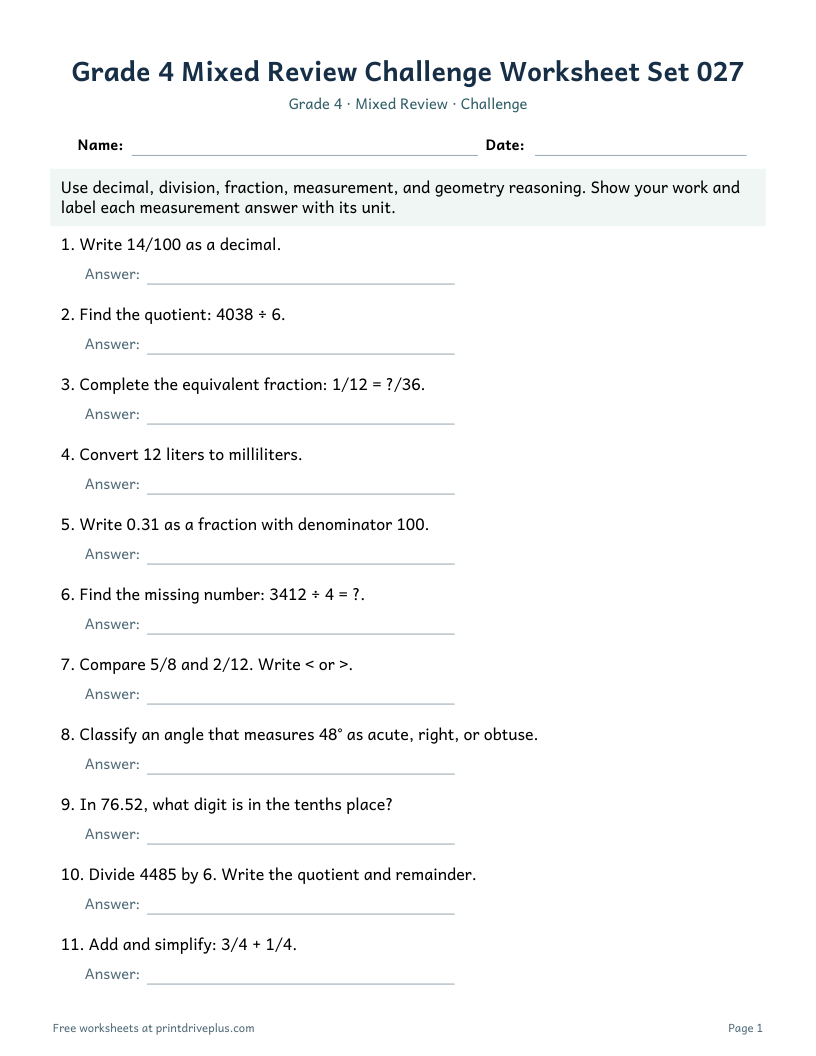 Preview of Grade 4 Mixed Review Challenge Worksheet Set 027