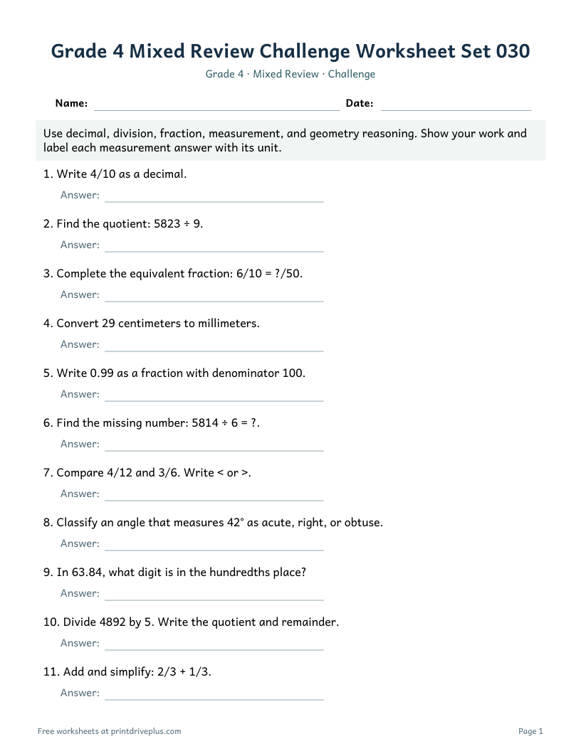 Preview of Grade 4 Mixed Review Challenge Worksheet Set 030