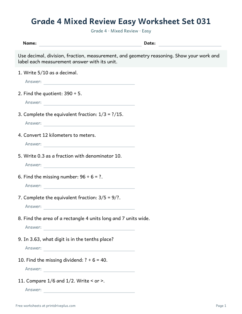 Preview of Grade 4 Mixed Review Easy Worksheet Set 031