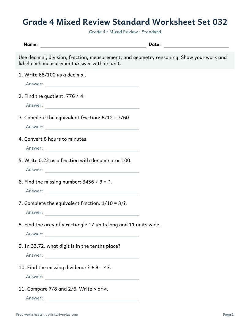 Preview of Grade 4 Mixed Review Standard Worksheet Set 032