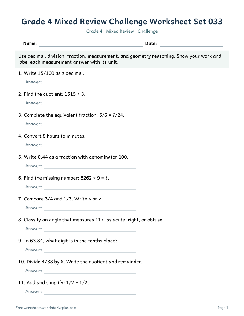 Preview of Grade 4 Mixed Review Challenge Worksheet Set 033