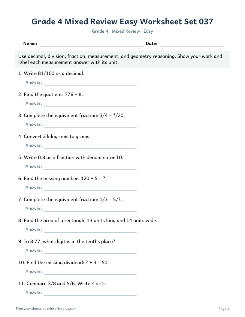 Preview of Grade 4 Mixed Review Easy Worksheet Set 037