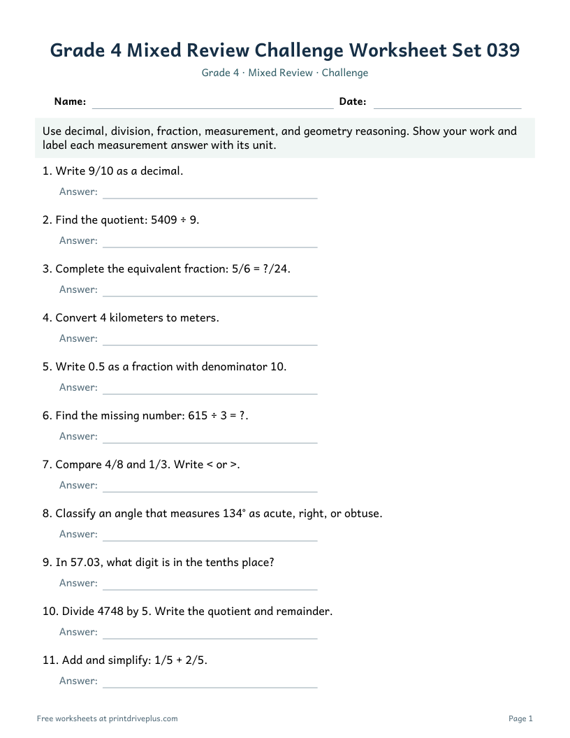 Preview of Grade 4 Mixed Review Challenge Worksheet Set 039