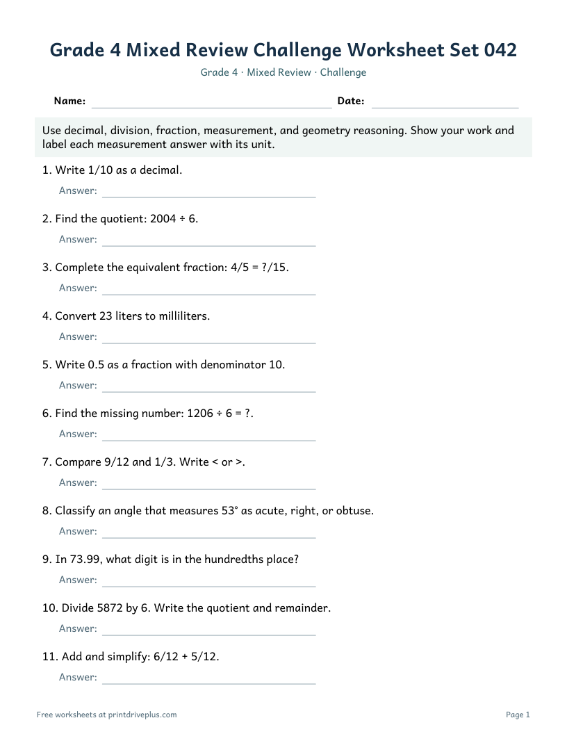 Preview of Grade 4 Mixed Review Challenge Worksheet Set 042