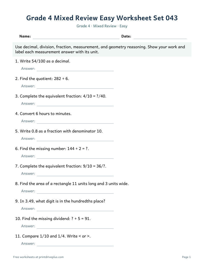 Preview of Grade 4 Mixed Review Easy Worksheet Set 043
