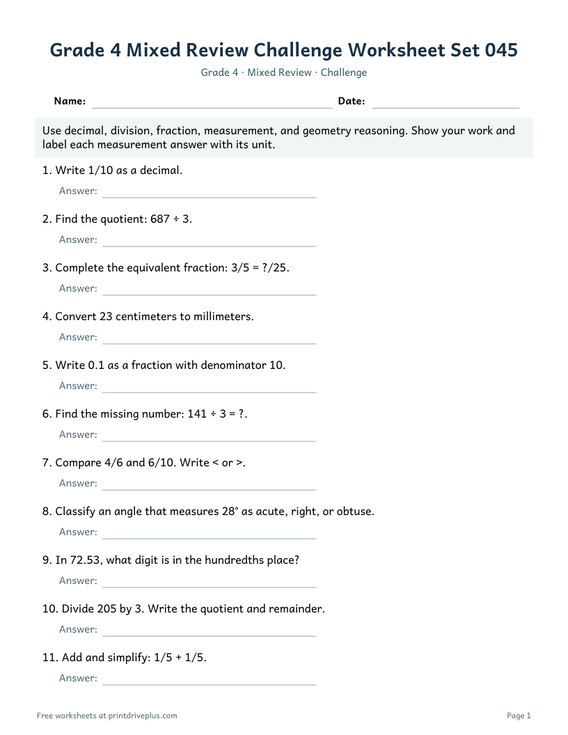 Preview of Grade 4 Mixed Review Challenge Worksheet Set 045