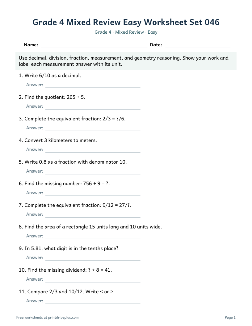 Preview of Grade 4 Mixed Review Easy Worksheet Set 046