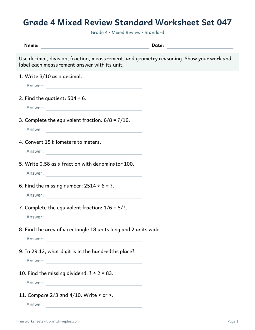 Preview of Grade 4 Mixed Review Standard Worksheet Set 047