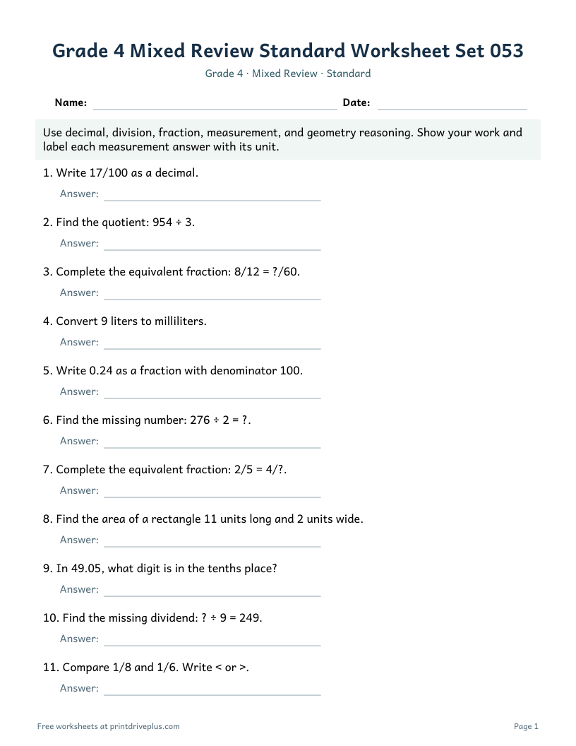 Preview of Grade 4 Mixed Review Standard Worksheet Set 053
