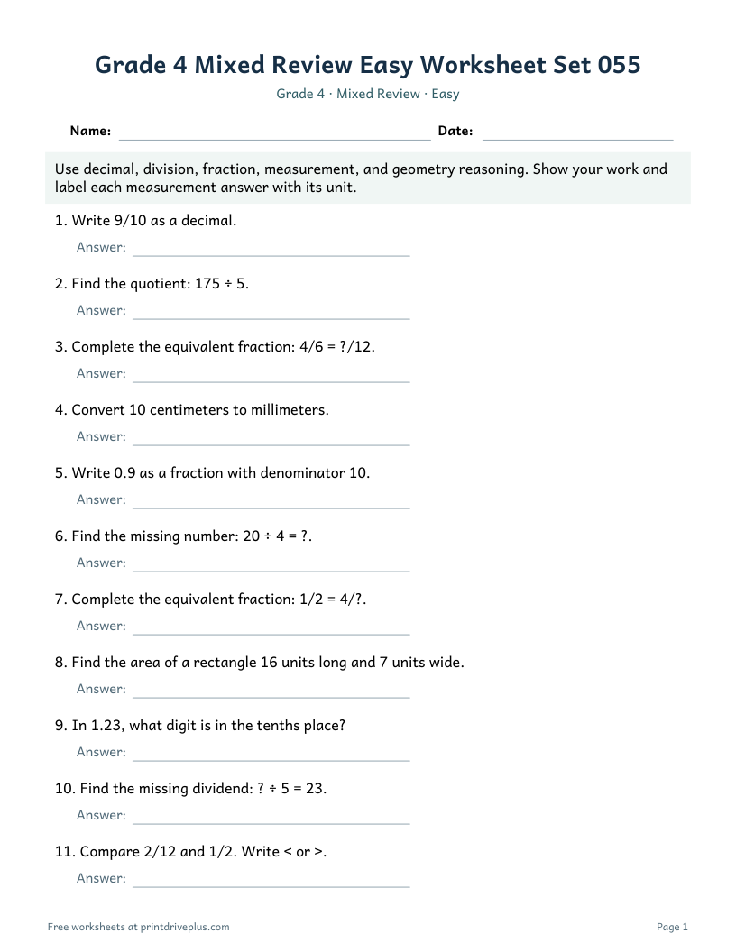 Preview of Grade 4 Mixed Review Easy Worksheet Set 055