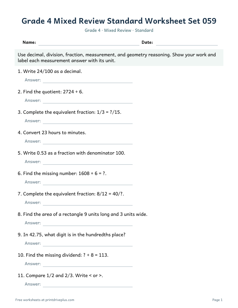 Preview of Grade 4 Mixed Review Standard Worksheet Set 059