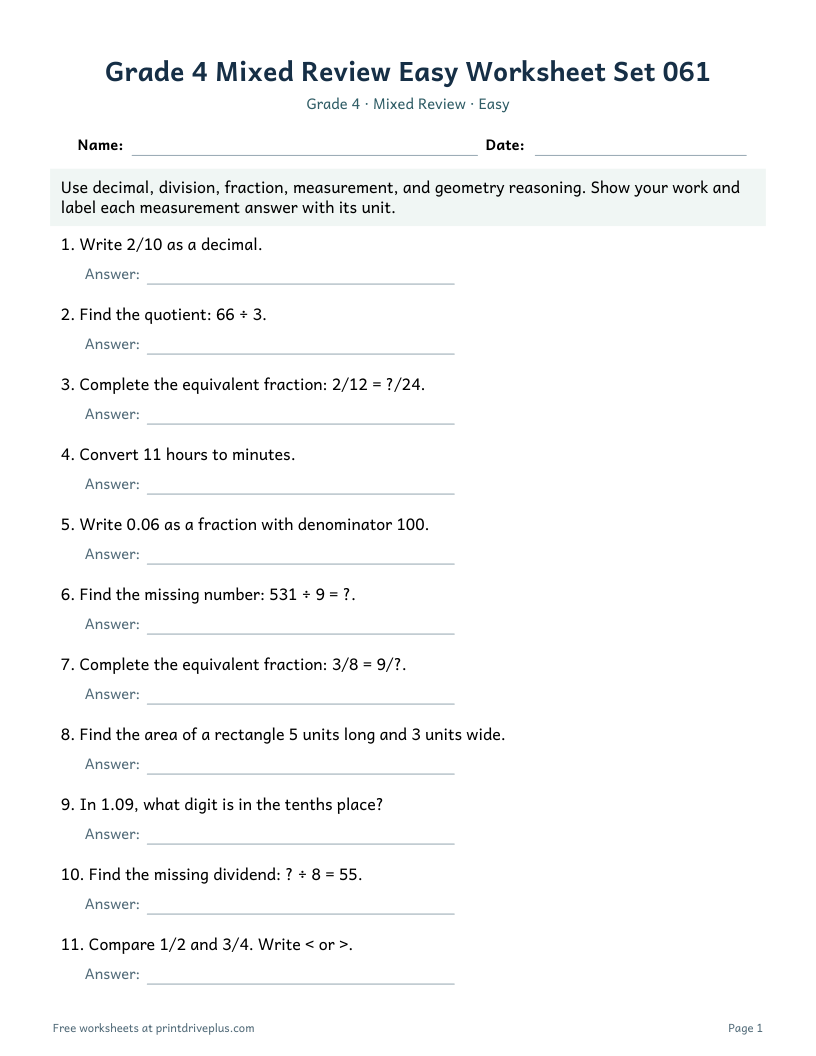 Preview of Grade 4 Mixed Review Easy Worksheet Set 061