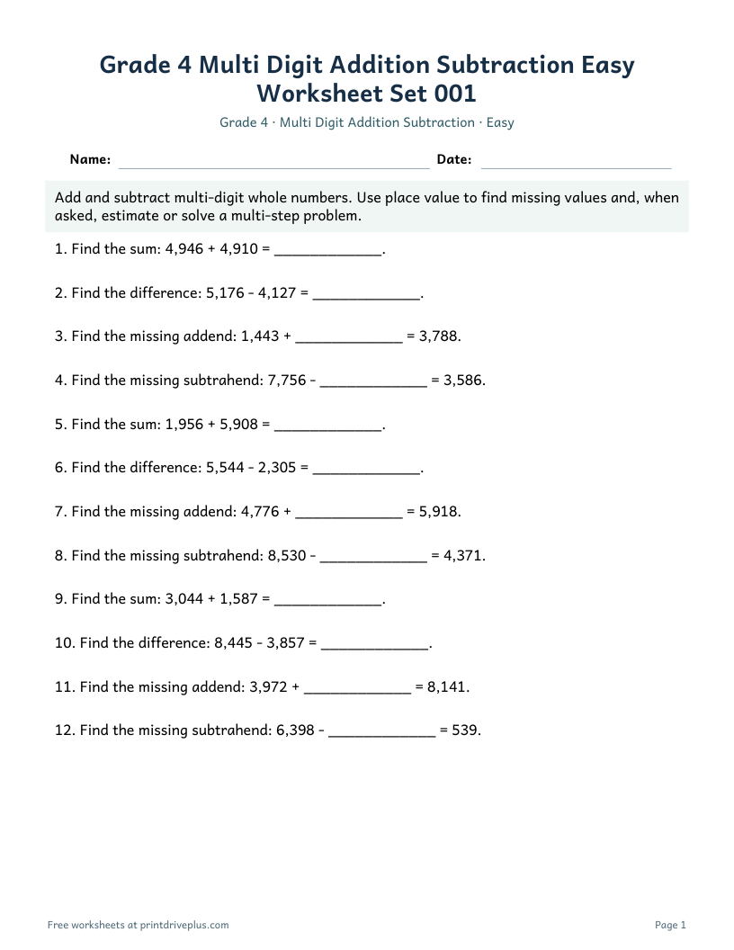 Preview of Grade 4 Multi Digit Addition Subtraction Easy Worksheet Set 001