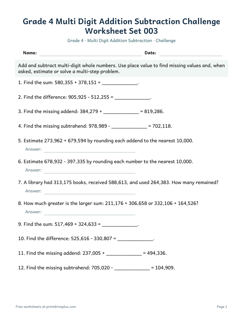 Preview of Grade 4 Multi Digit Addition Subtraction Challenge Worksheet Set 003