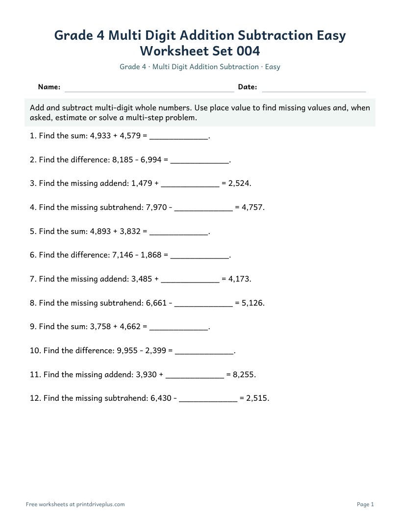 Preview of Grade 4 Multi Digit Addition Subtraction Easy Worksheet Set 004