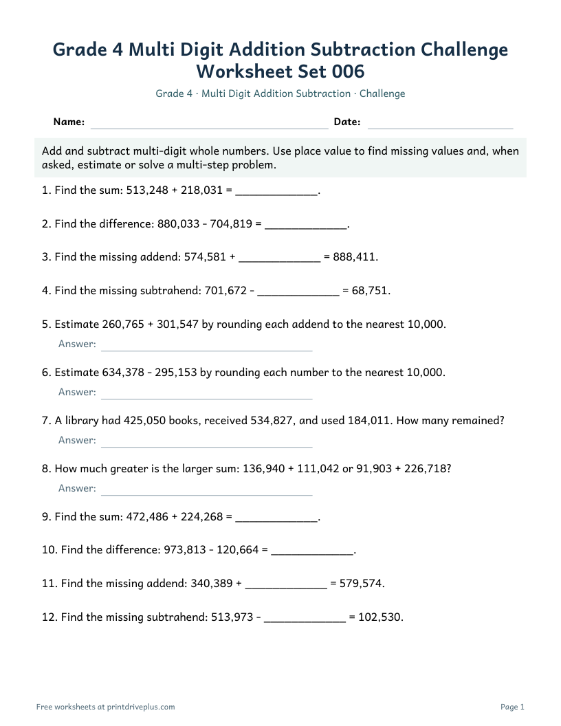 Preview of Grade 4 Multi Digit Addition Subtraction Challenge Worksheet Set 006