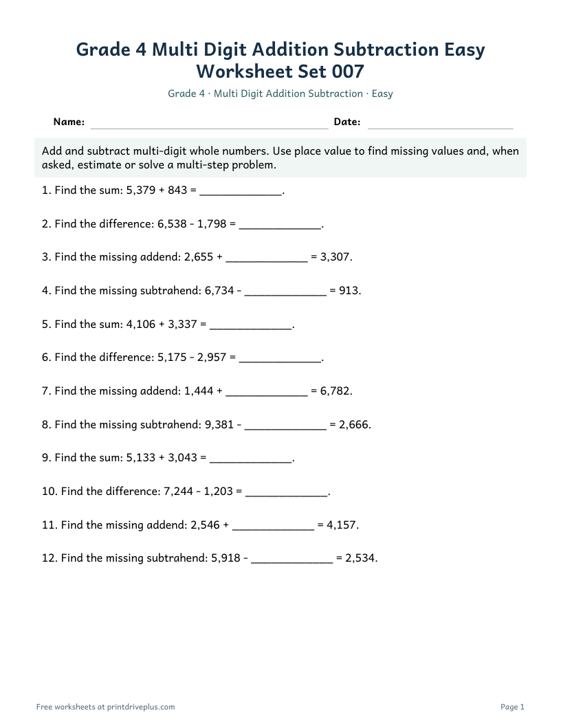 Preview of Grade 4 Multi Digit Addition Subtraction Easy Worksheet Set 007