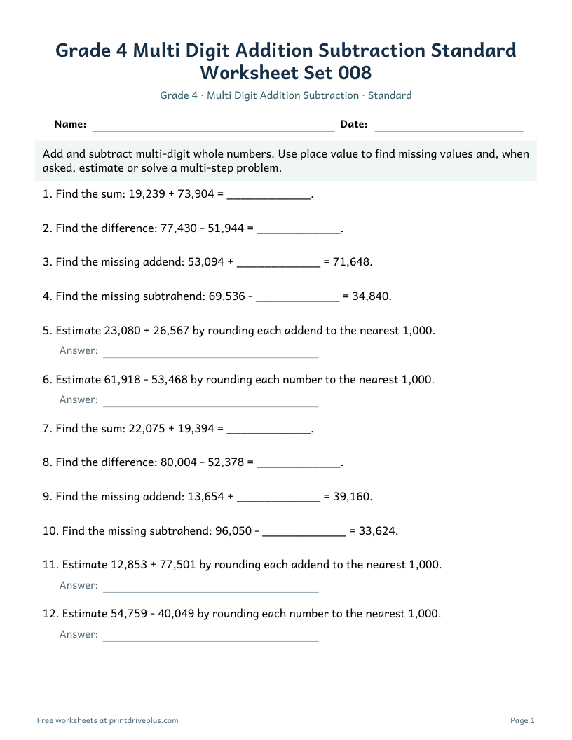Preview of Grade 4 Multi Digit Addition Subtraction Standard Worksheet Set 008