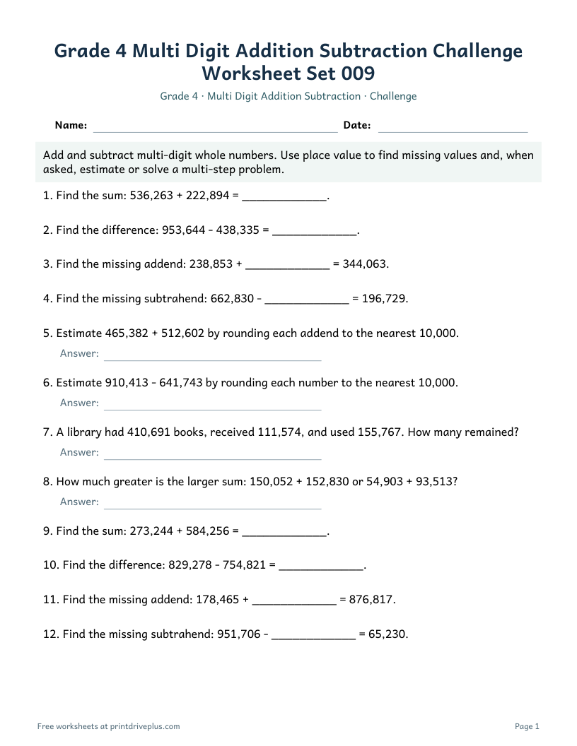 Preview of Grade 4 Multi Digit Addition Subtraction Challenge Worksheet Set 009