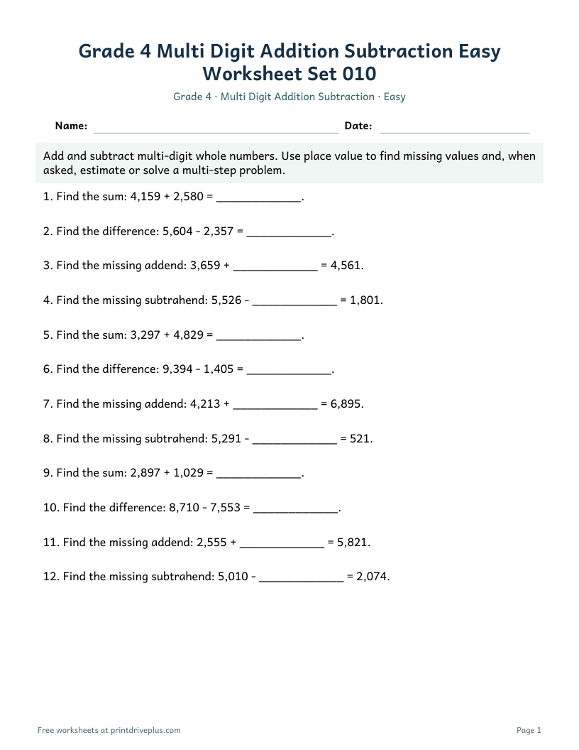 Preview of Grade 4 Multi Digit Addition Subtraction Easy Worksheet Set 010
