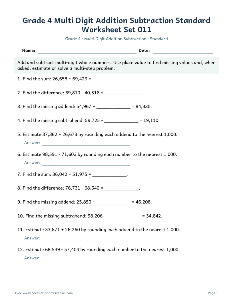 Preview of Grade 4 Multi Digit Addition Subtraction Standard Worksheet Set 011