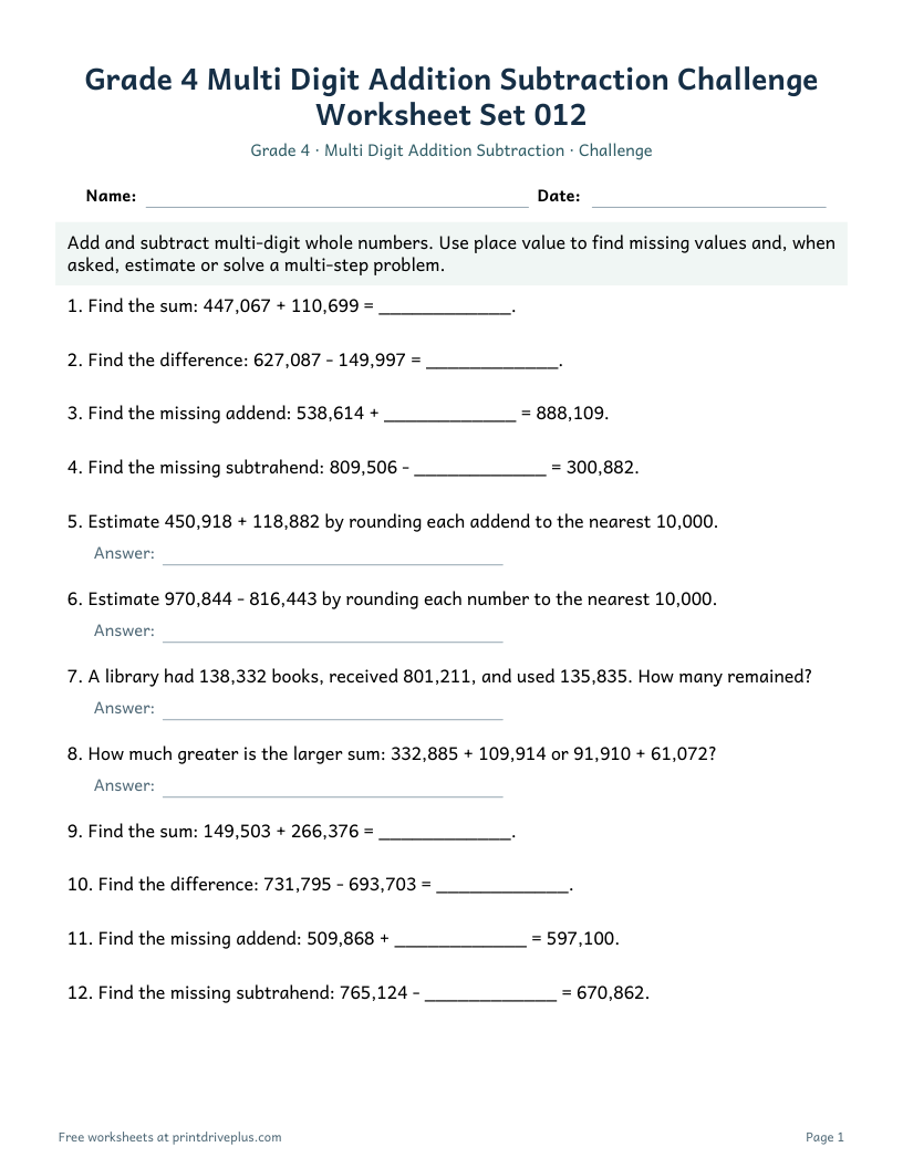 Preview of Grade 4 Multi Digit Addition Subtraction Challenge Worksheet Set 012