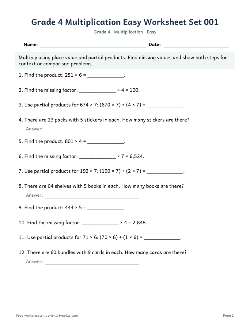 Preview of Grade 4 Multiplication Easy Worksheet Set 001