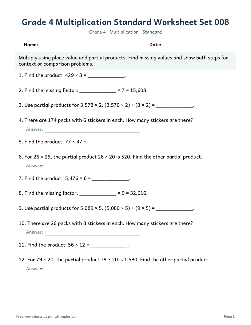 Preview of Grade 4 Multiplication Standard Worksheet Set 008