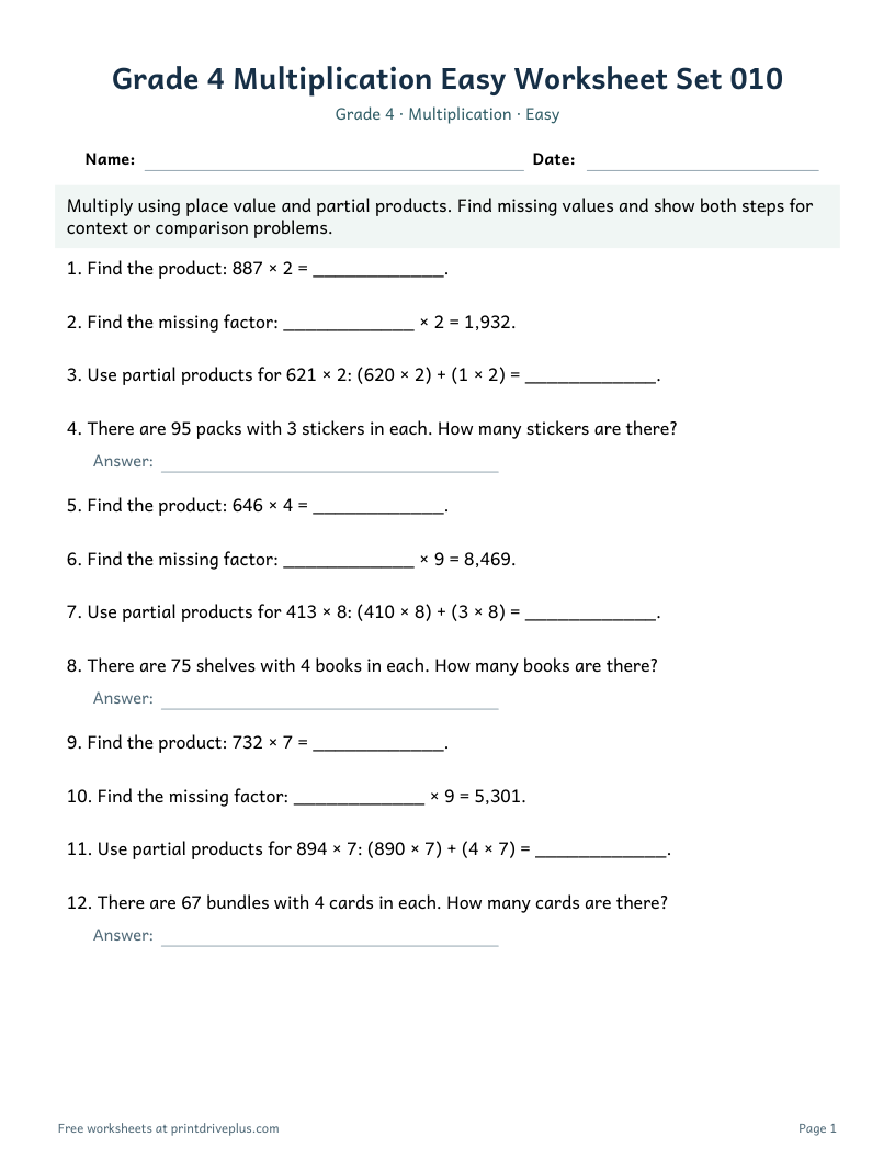 Preview of Grade 4 Multiplication Easy Worksheet Set 010