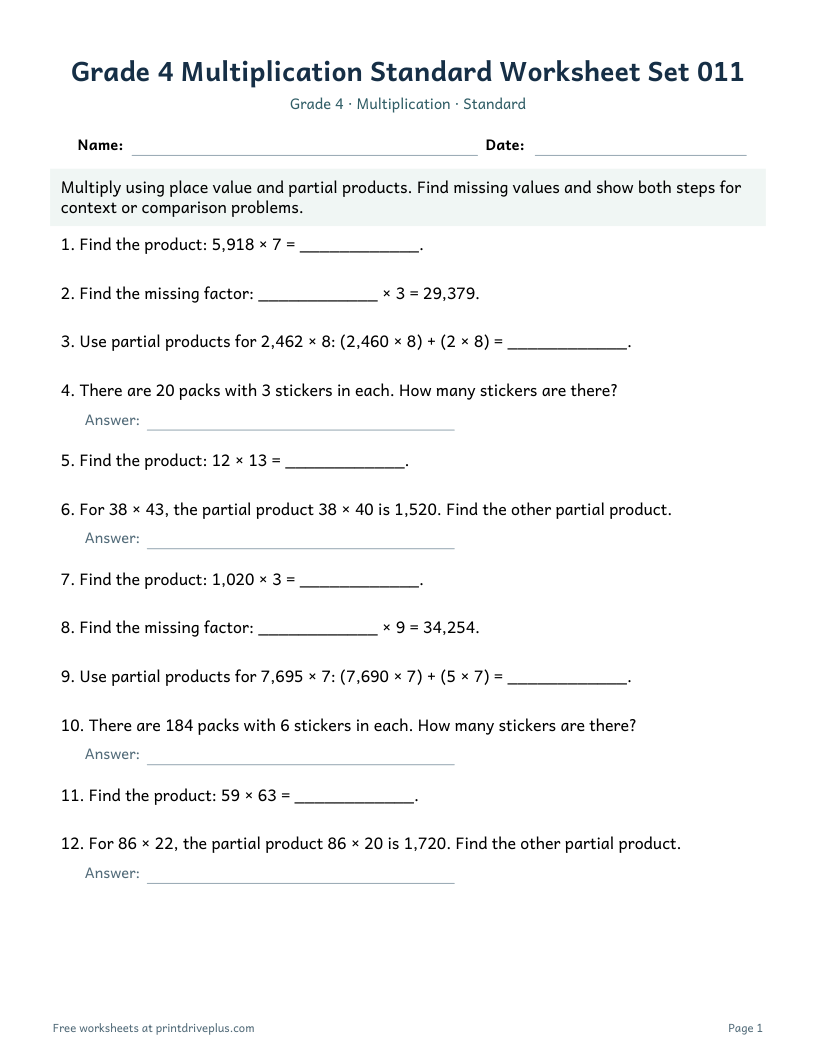 Preview of Grade 4 Multiplication Standard Worksheet Set 011