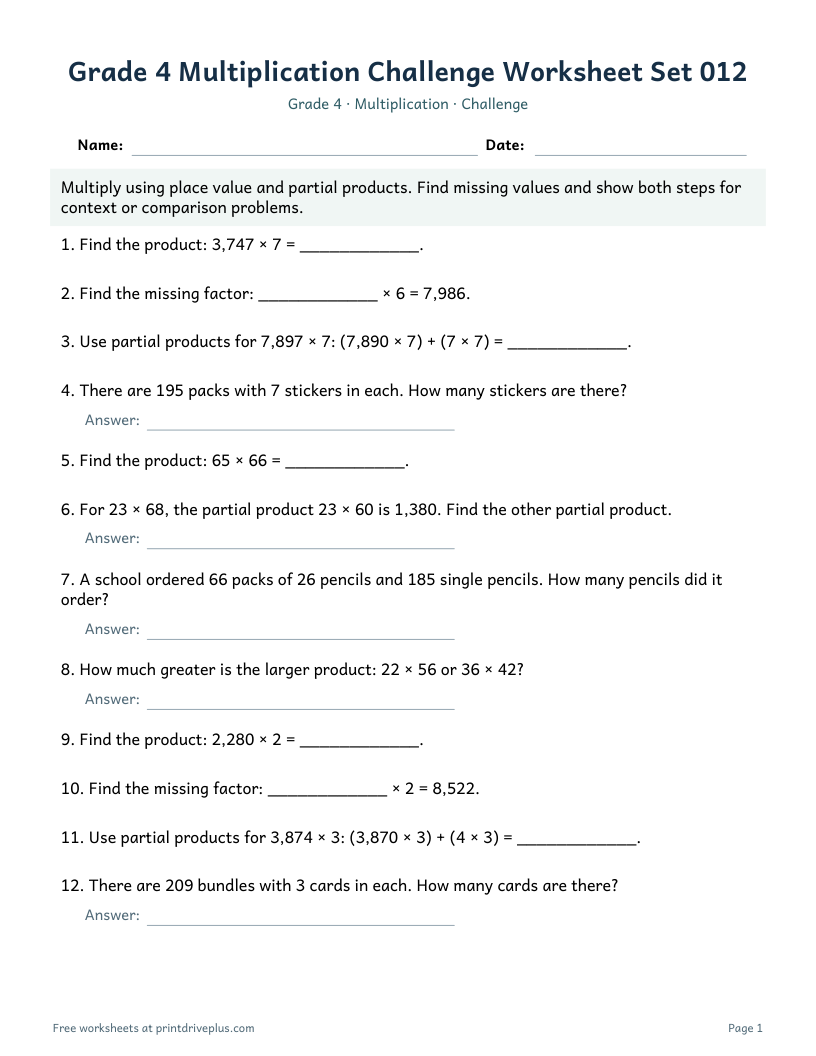 Preview of Grade 4 Multiplication Challenge Worksheet Set 012