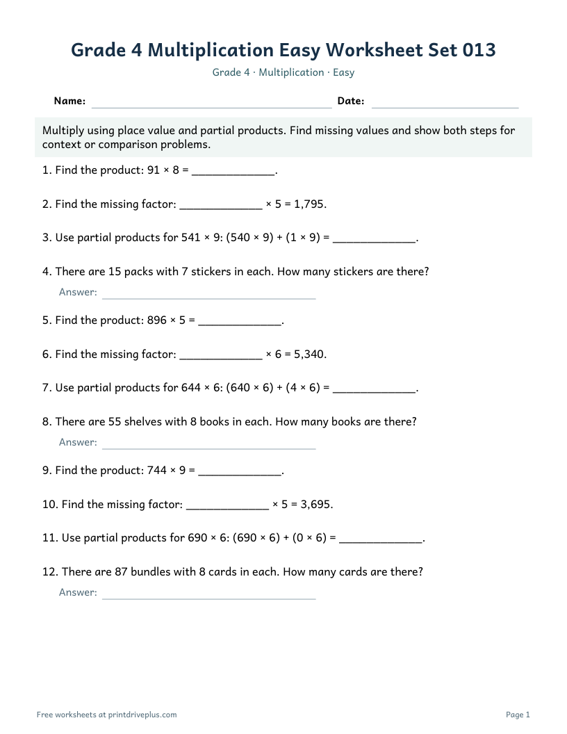 Preview of Grade 4 Multiplication Easy Worksheet Set 013