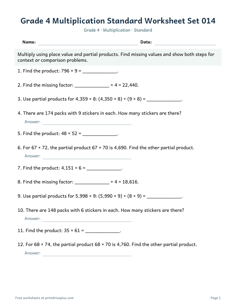 Preview of Grade 4 Multiplication Standard Worksheet Set 014
