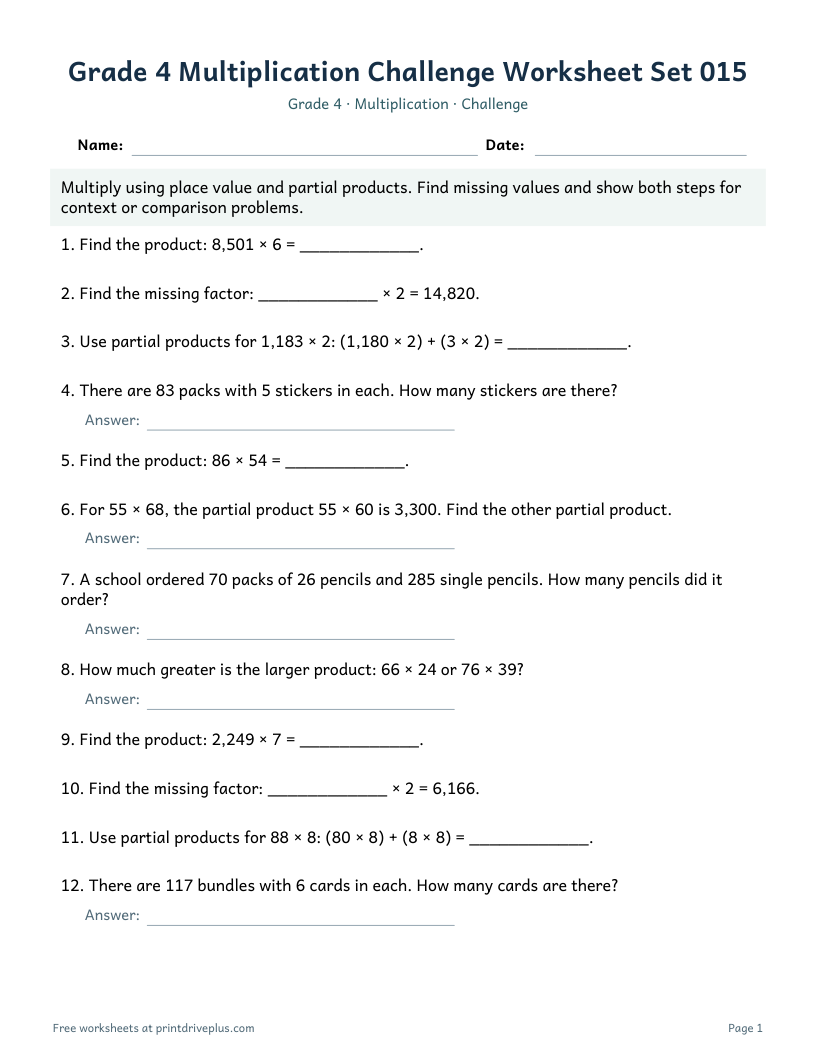 Preview of Grade 4 Multiplication Challenge Worksheet Set 015