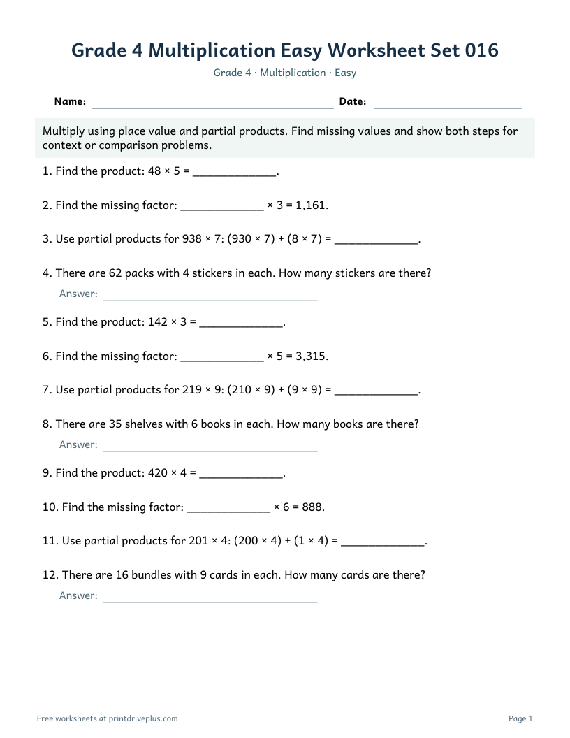 Preview of Grade 4 Multiplication Easy Worksheet Set 016